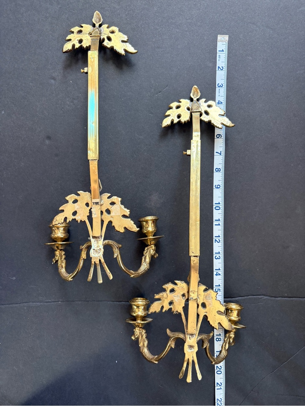 Vintage Hollywood Regency 16 inch Pair of Brass Wall Sconces With Oak and Horse - Picture 6 of 7